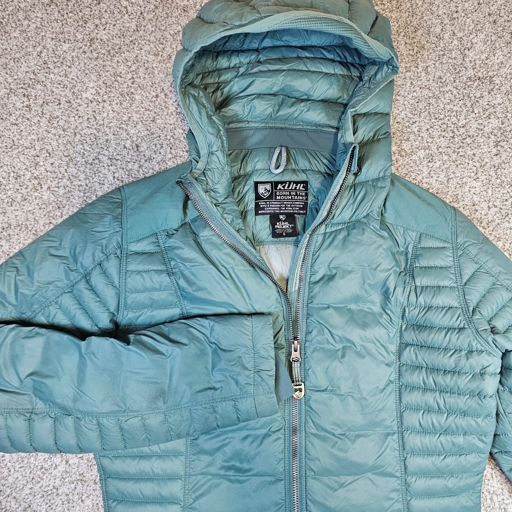 Kuhl Spyfire Parka Womens Small Teal Green Down Insulated Hooded Jacket Puffer